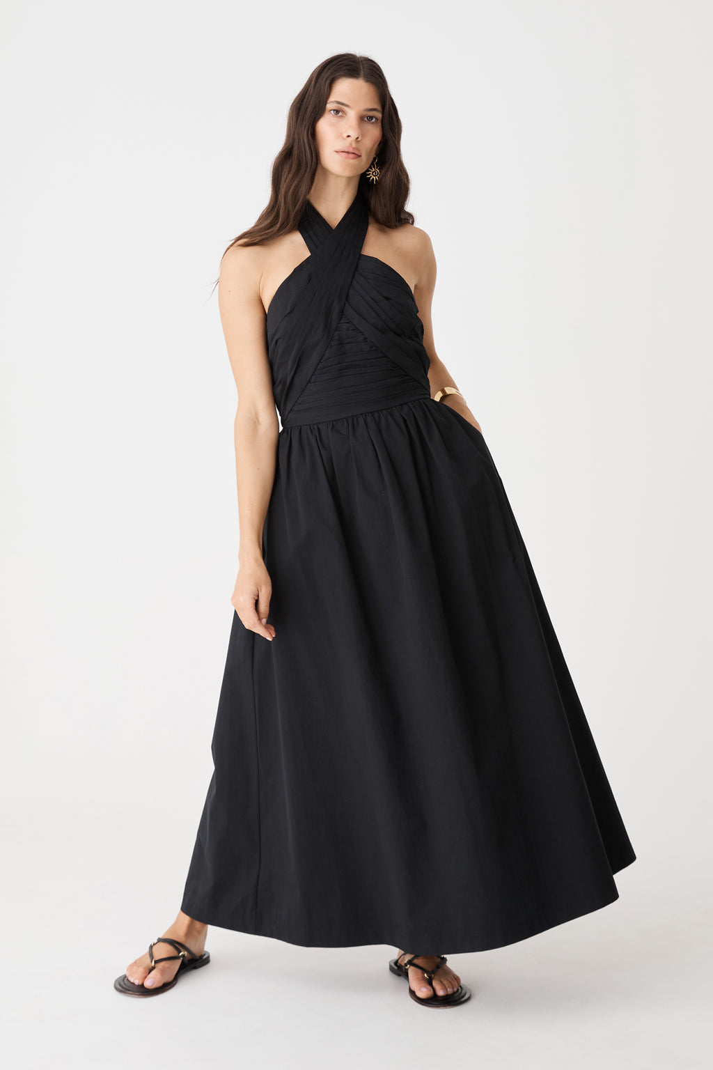 Front view of the black Kayleigh Cotton Halter Dress with skirt held out