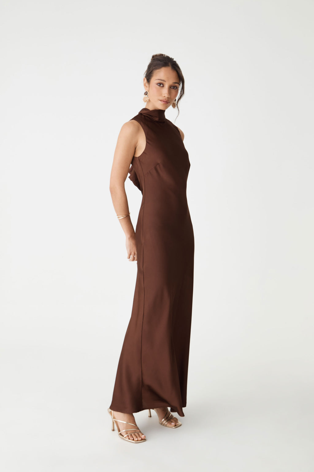 Side view of the Lorelei Tie Neck Satin Dress in Fudge
