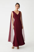 Marissa Mermaid Scarf Dress in shiraz, front view of maxi dress with sheer chiffon shoulder scarves