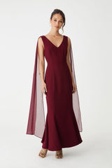 Marissa Mermaid Scarf Dress in shiraz, front view of maxi dress with sheer chiffon shoulder scarves