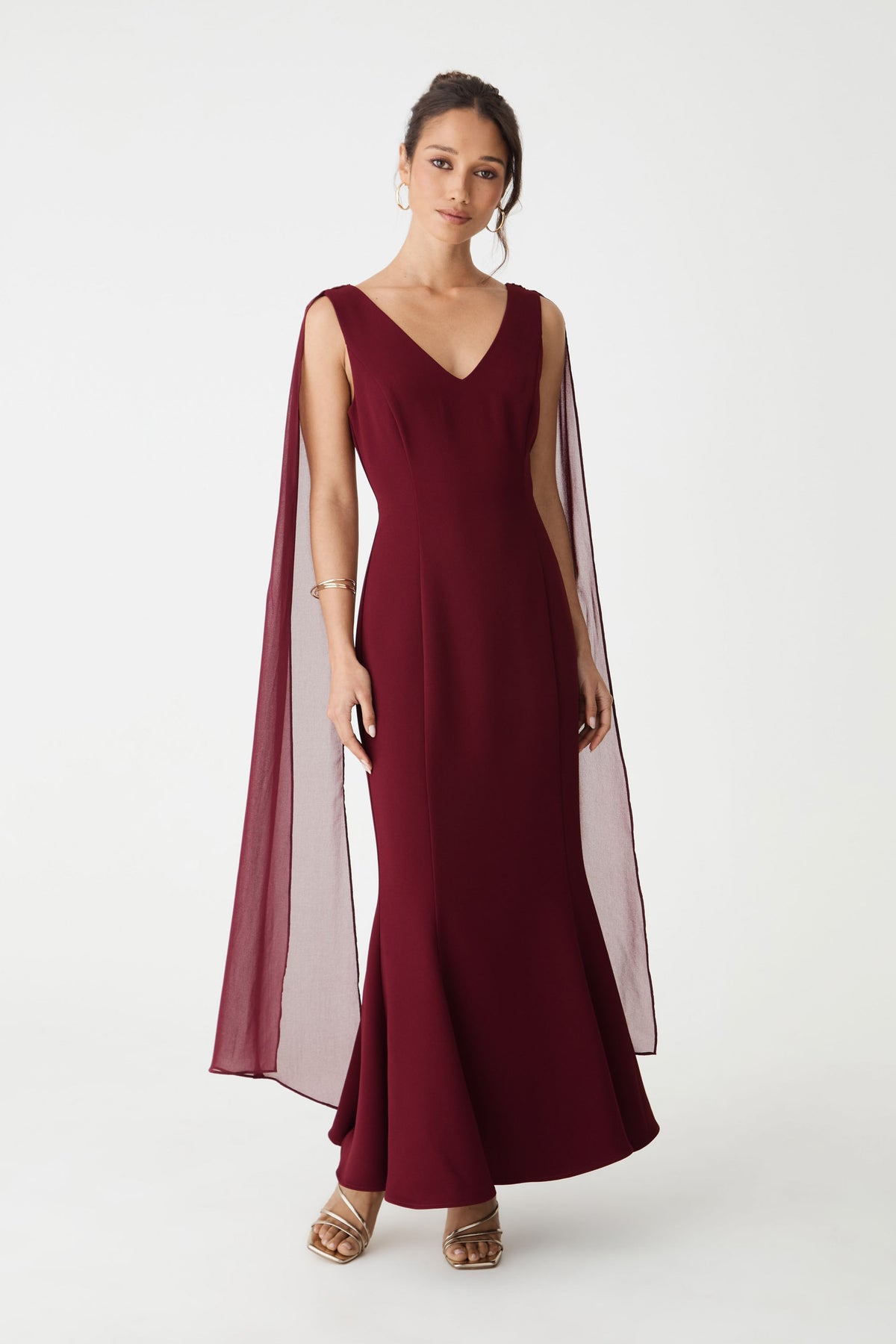 Marissa Mermaid Scarf Dress in shiraz, front view of maxi dress with sheer chiffon shoulder scarves