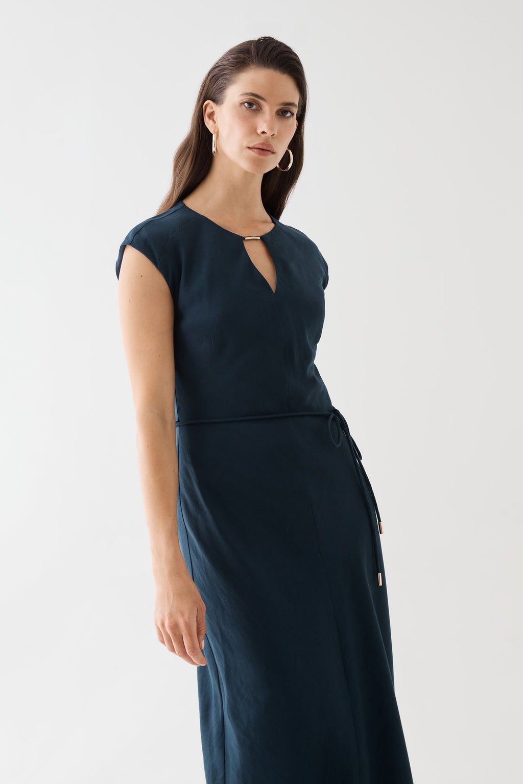 Three-quarter close-up of the bodice and drop shoulders in navy