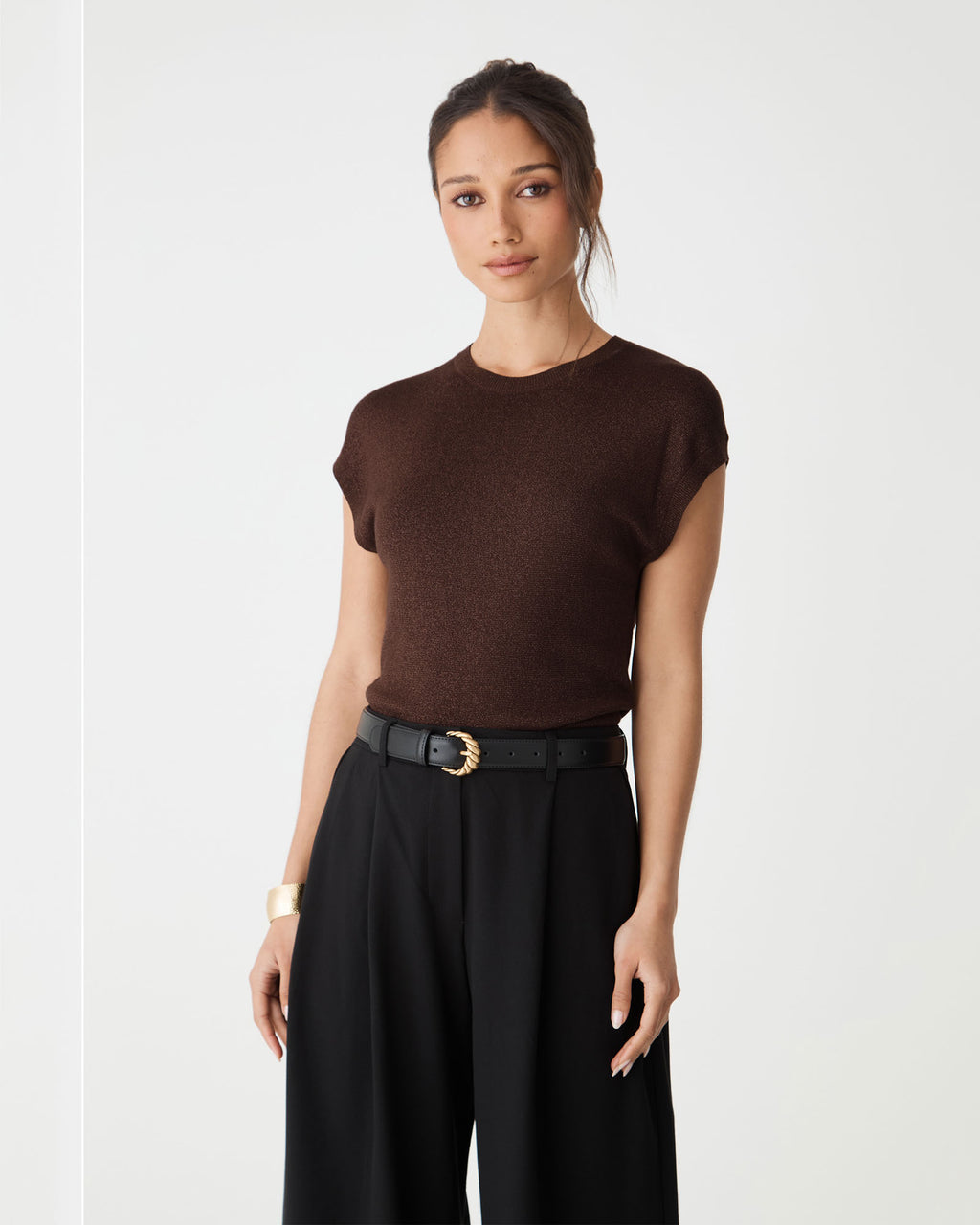 Saskia Lurex Knit Top in Fudge, front view showing cap sleeves and ribbed cuffs