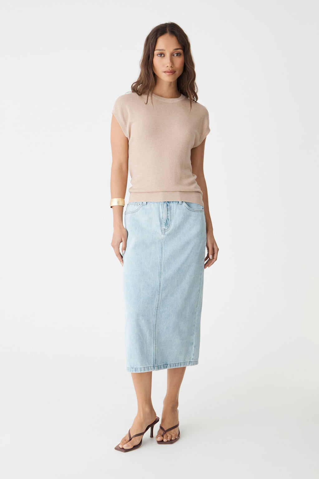 Saskia Lurex Knit Top in Soft Gold, front view worn with a light blue denim midi skirt