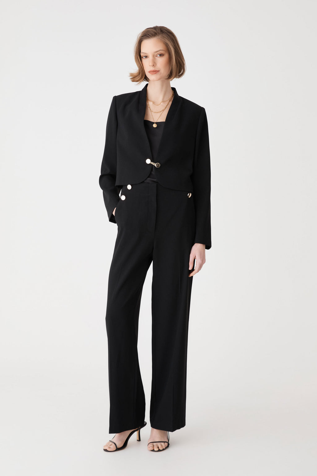 Veronica Button Crepe Pants in black, front view, wide-leg, worn with matching crop crepe jacket