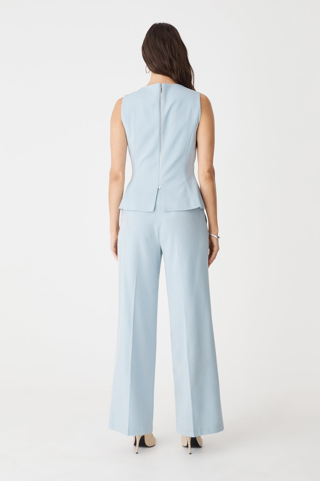 Back view of the sky blue Melanie Straight Leg Pants and matching top