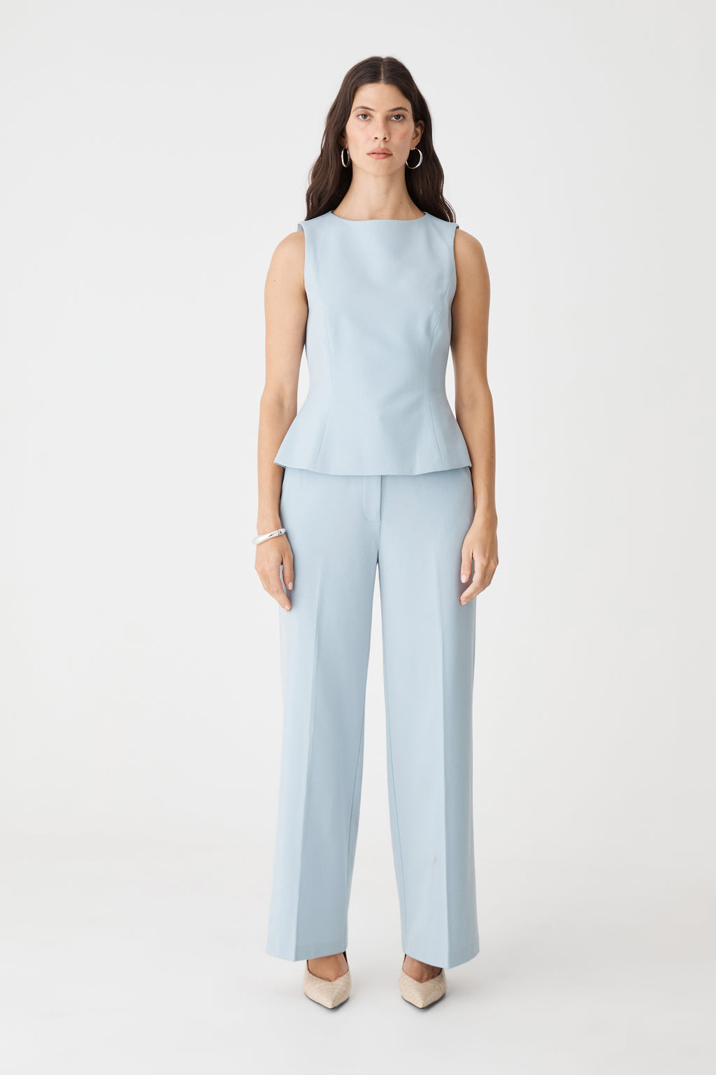 Front view of sky blue Melanie Straight Leg Pants showing high-rise waistband and straight leg