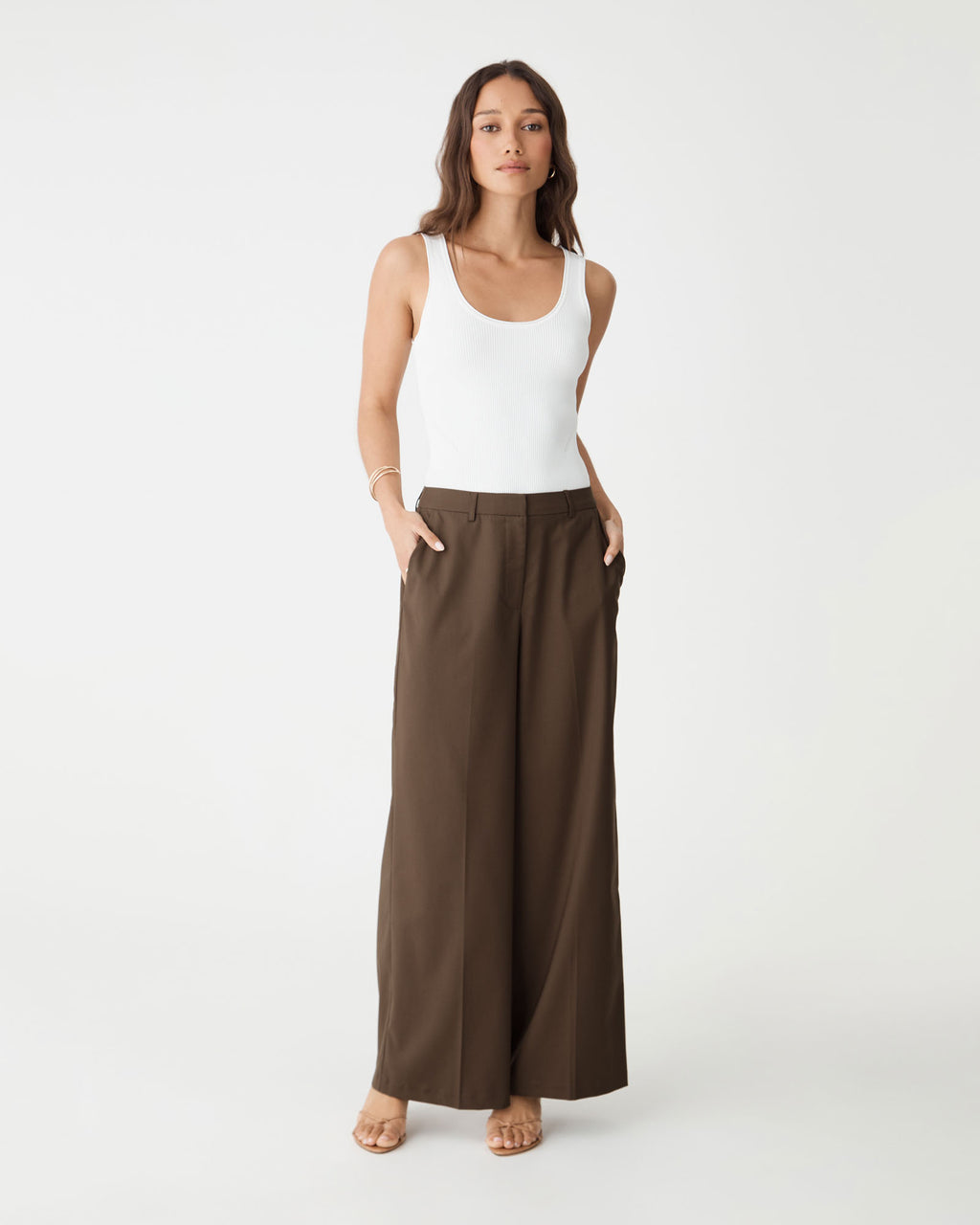 Front view of the cocoa brown wide leg pants showing the full-length hem