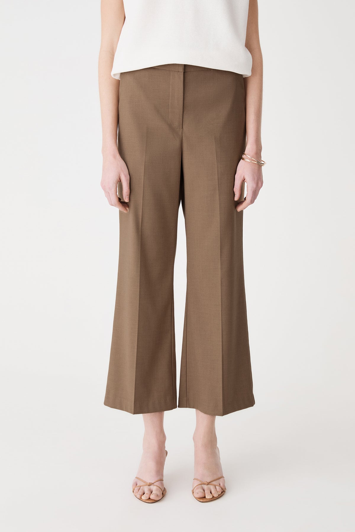 Close-up front view of the Cedar Marle crop flare pants showing waistband and front creases