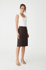 Veronica Straight Crepe Skirt in chocolate, side-angle view worn with a white sleeveless top