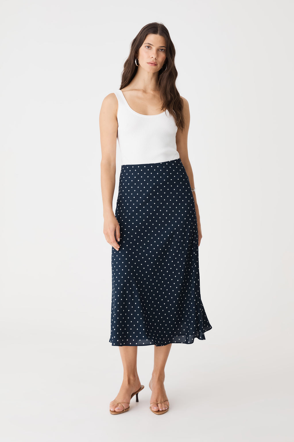 Danielle A-Line Bias Skirt in navy spot, front view worn with a white tank top