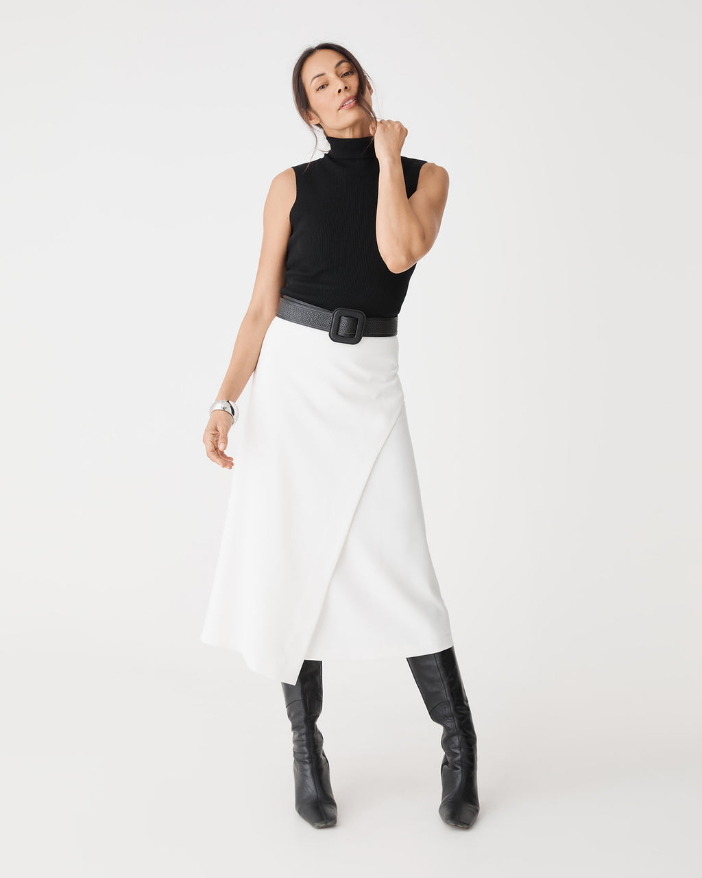Jennifer ALine Faux Wrap Skirt in ivory — front view