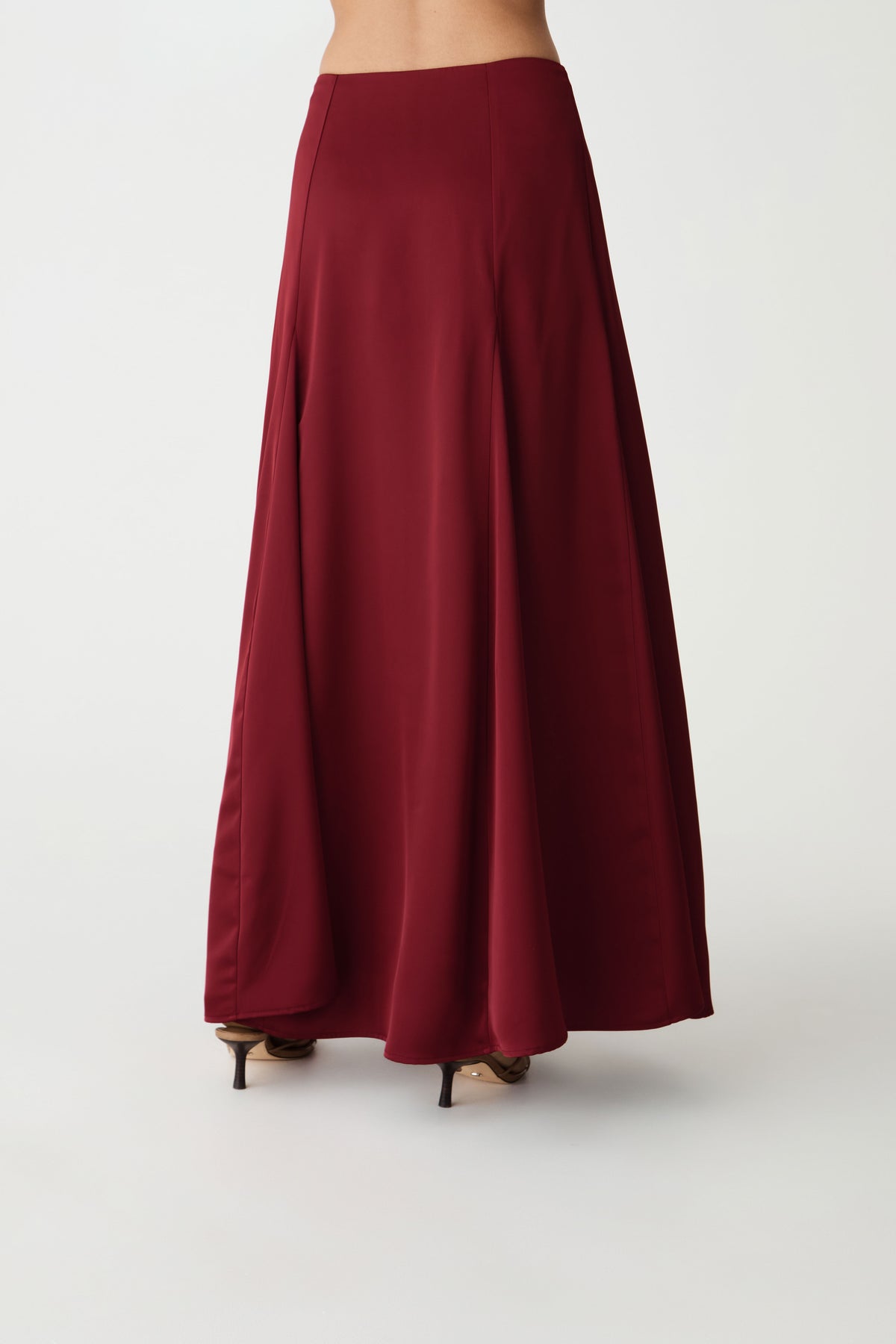 Freya Satin Godet Skirt in rhubarb — back view