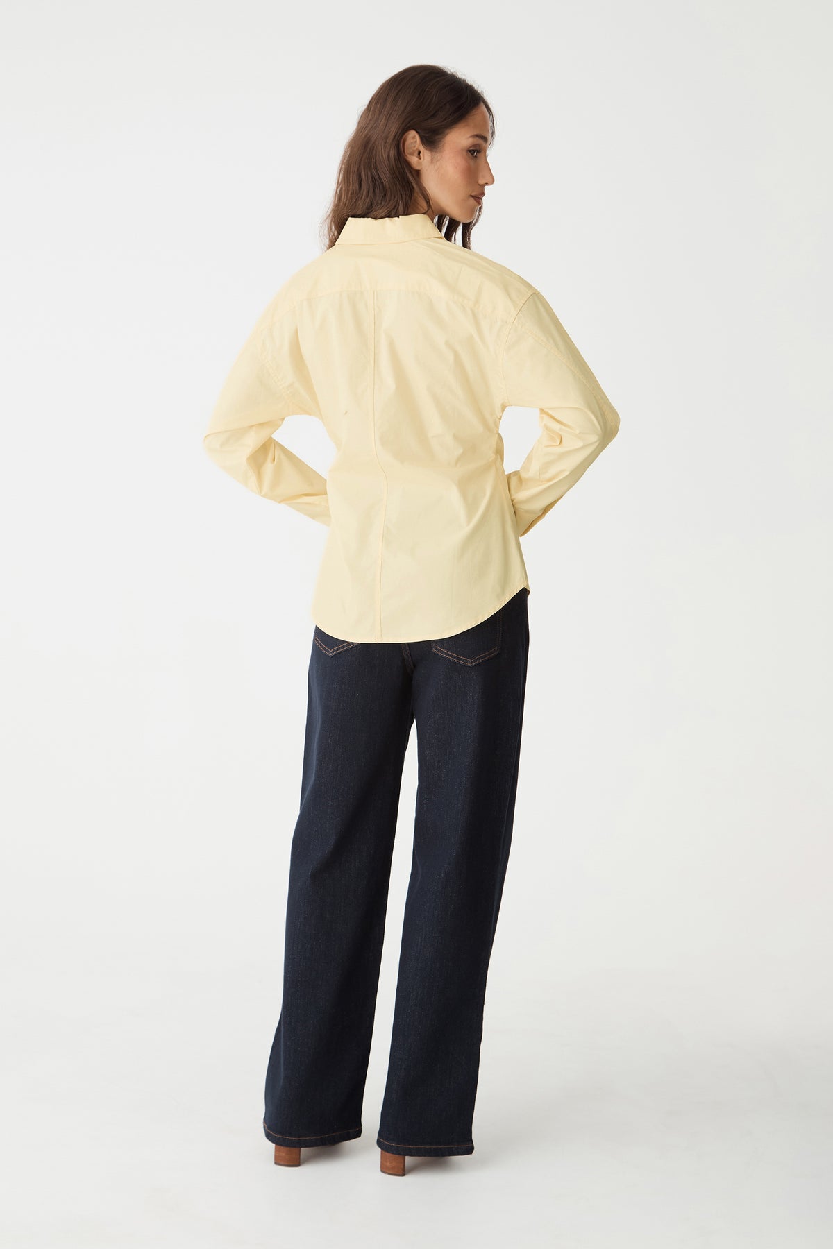 Back view of the Katrina Wrap Shirt in Limoncello with dropped shoulders