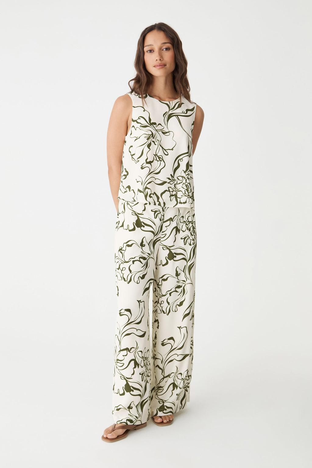 Natalie Sleeveless Floral Top in cream and olive, front view, worn with matching Natalie Elastic Floral Pants