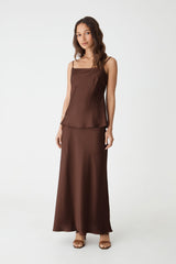Lindsay Bias Satin Cami in Fudge brown, front view, worn with matching bias satin skirt