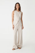 Zoe Pinstripe Vest in beige pinstripe, front view worn with matching wide-leg trousers