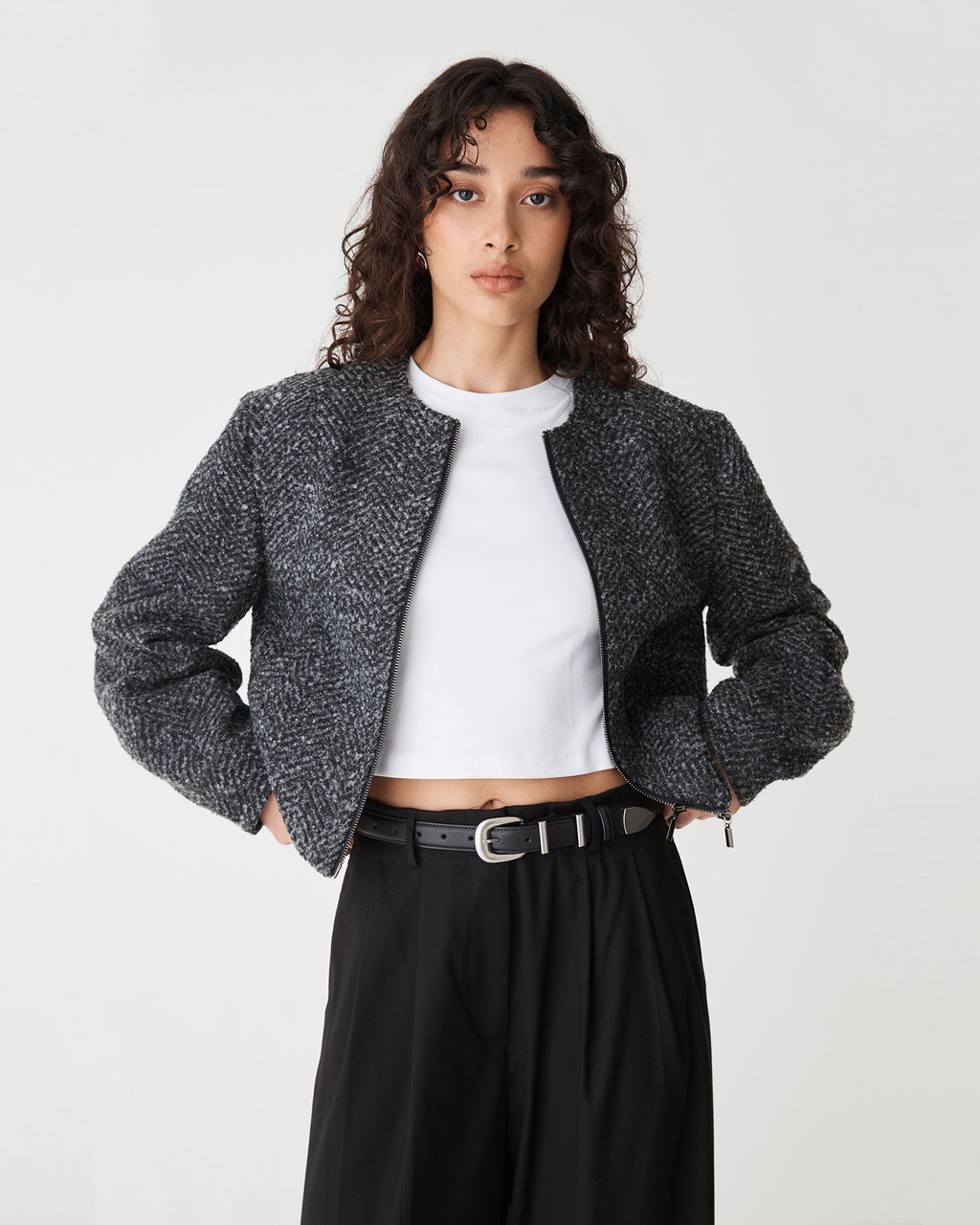 Rory Barrel Sleeve Jacket in grey herringbone — close-up view 2