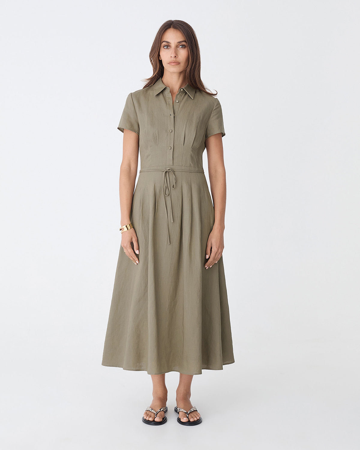 Sophie Pleat Waist Linen Dress in khaki — full-length view