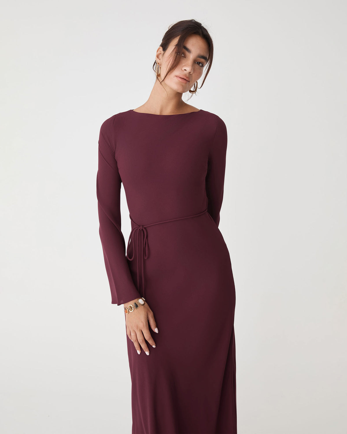 Quinn Bias Tie Waist Dress in merlot — close-up view