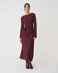 Quinn Bias Tie Waist Dress in merlot — full-length view