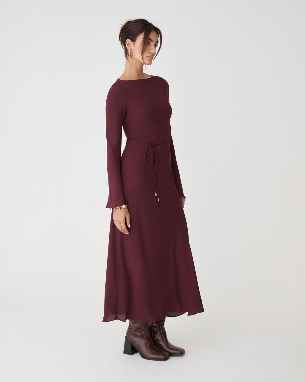 Quinn Bias Tie Waist Dress in merlot — side view