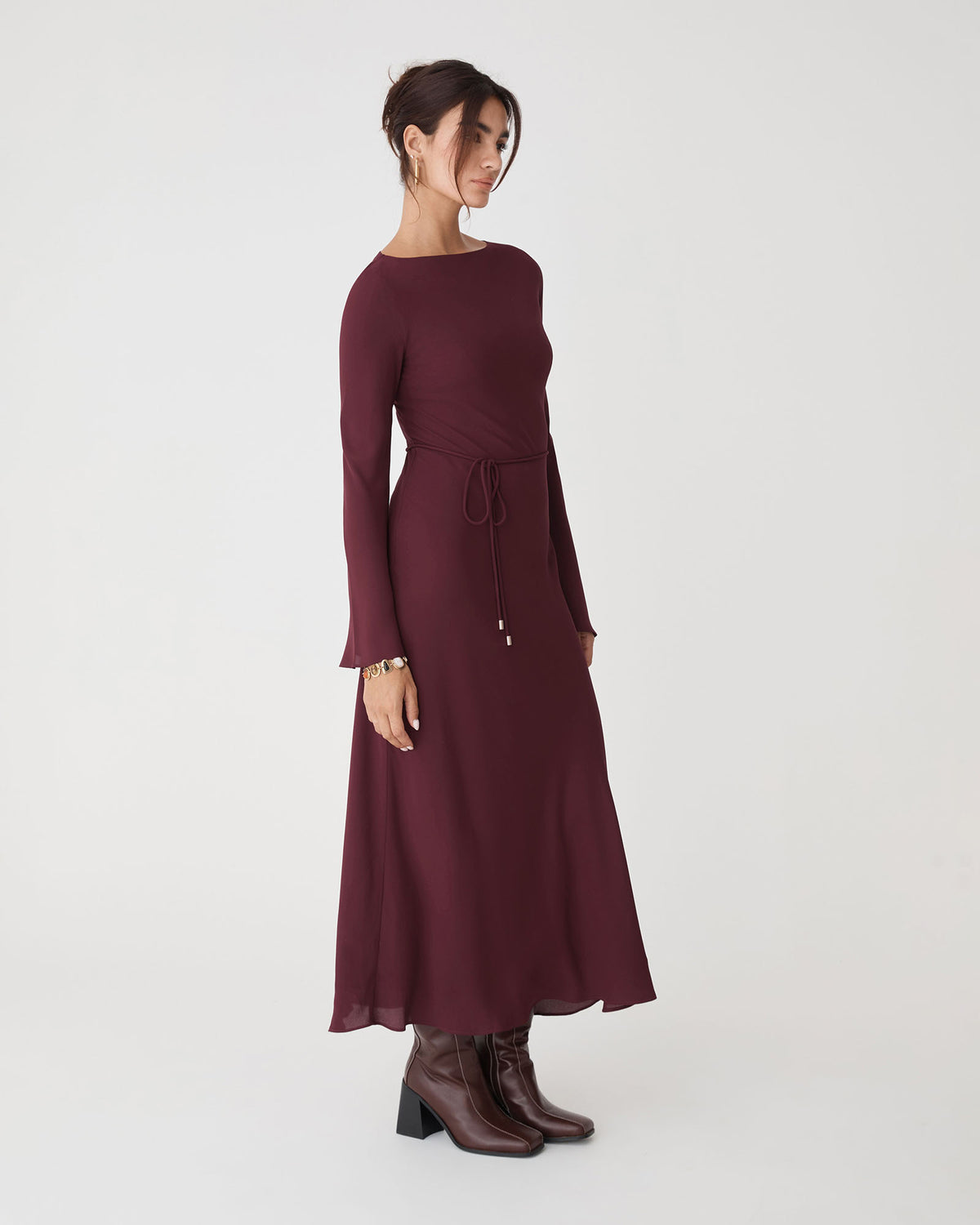 Quinn Bias Tie Waist Dress in merlot — side view