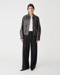 Ada Faux Leather Bomber Jacket in dark brown — full-length view