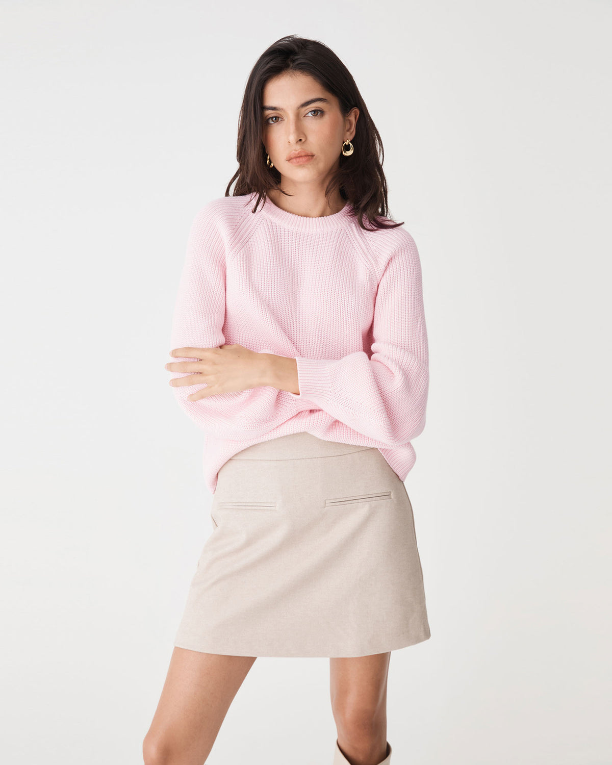Meg Crew Neck Rib Knit Jumper in soft pink — close-up view 2