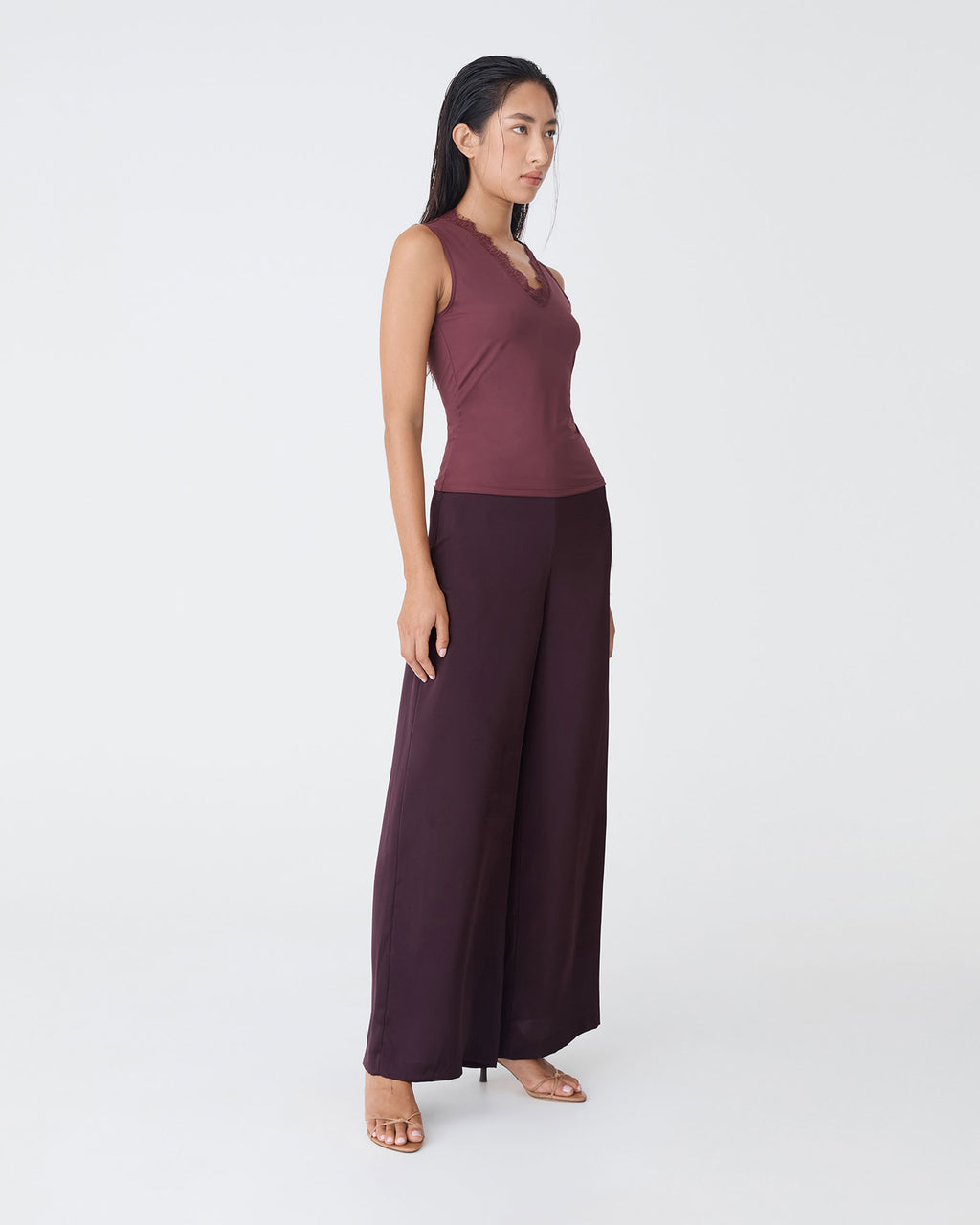 Asma Satin Wide Leg Pants in ganache — side view