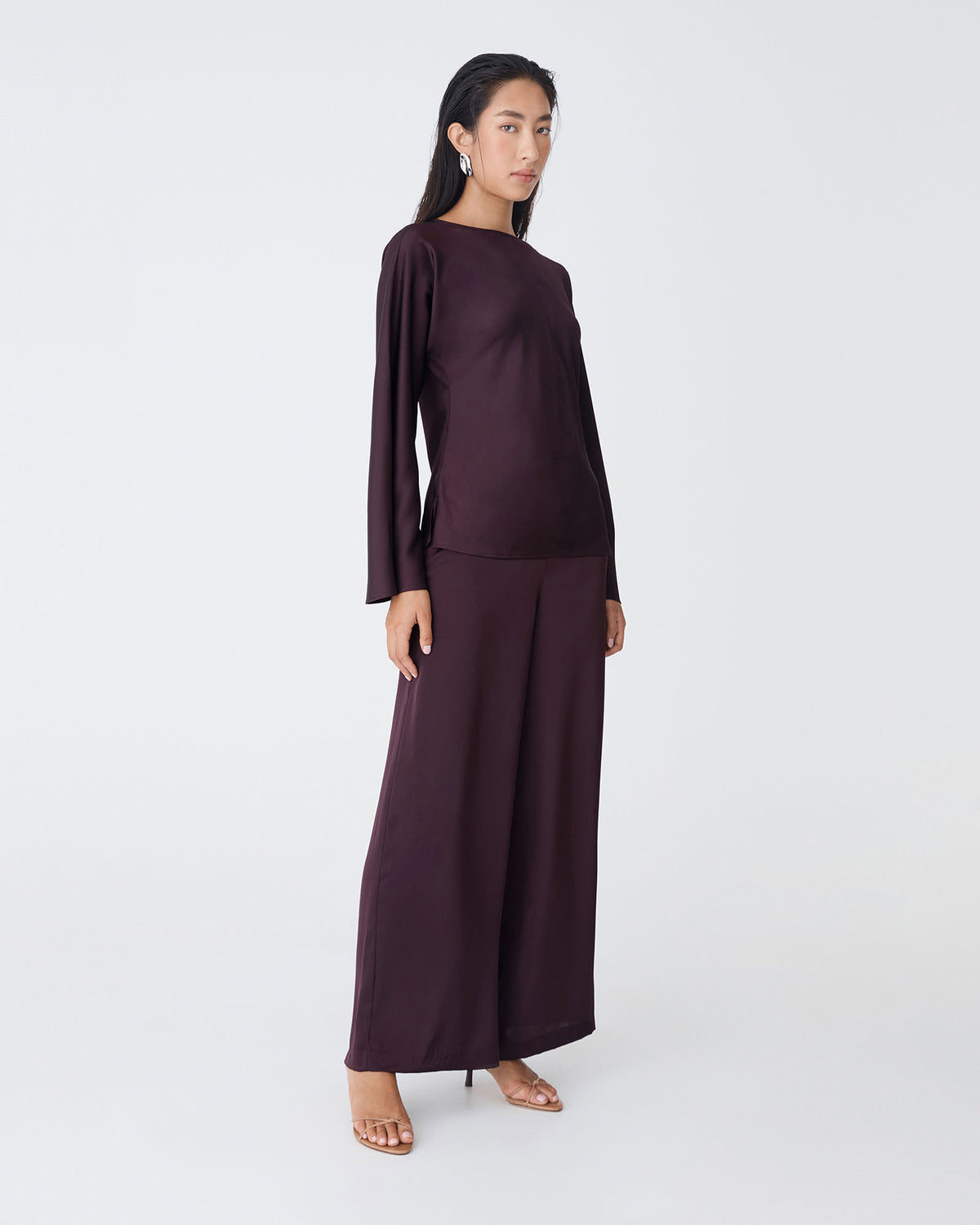 Asma Satin Wide Leg Pants in ganache — side view 2