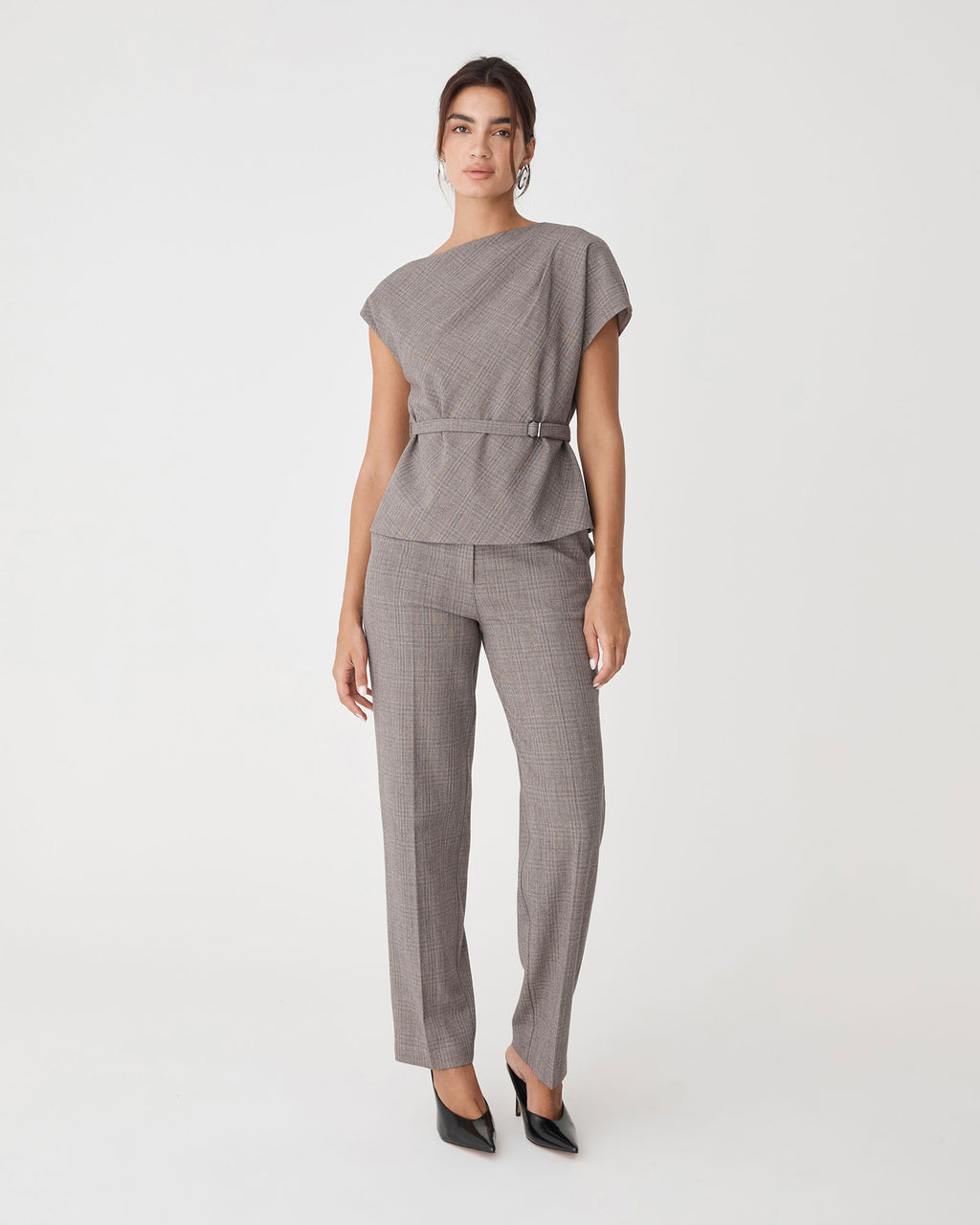 Loretta Straight Check Pants in latte check — full-length view
