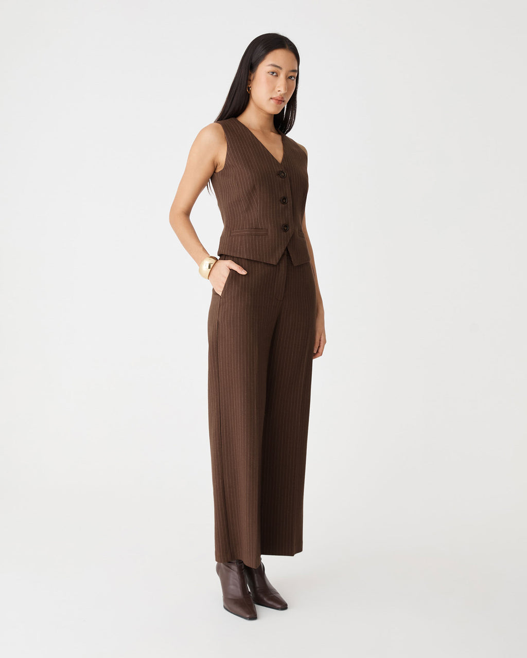Zara Pinstripe Tailored Pants in chocolate pinstripe — side view
