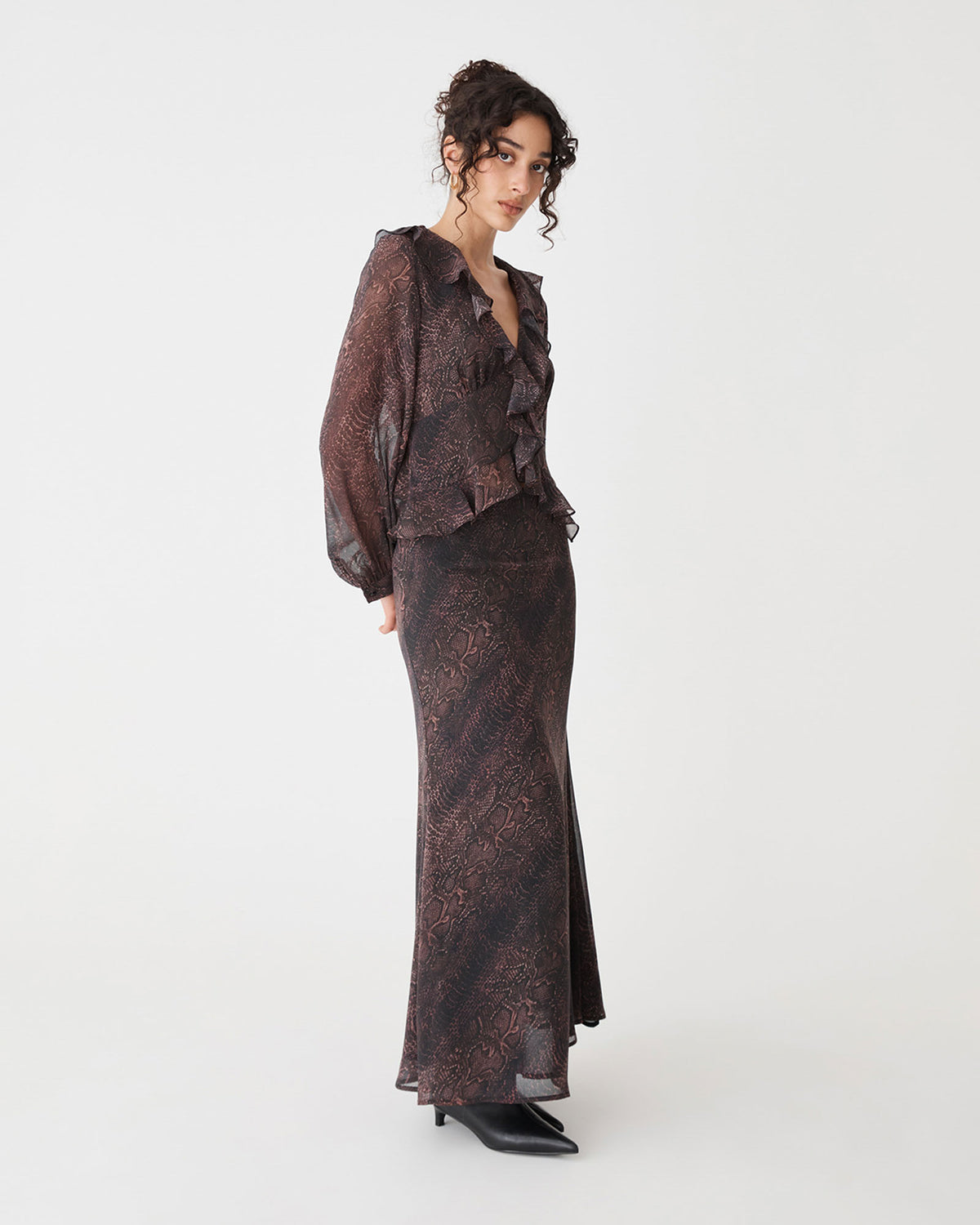 Sonia Snake Maxi Skirt in brown snake — side view