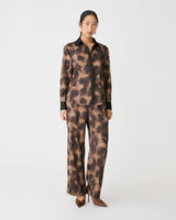 Savanna Printed Satin Shirt in brown abstract — full-length view