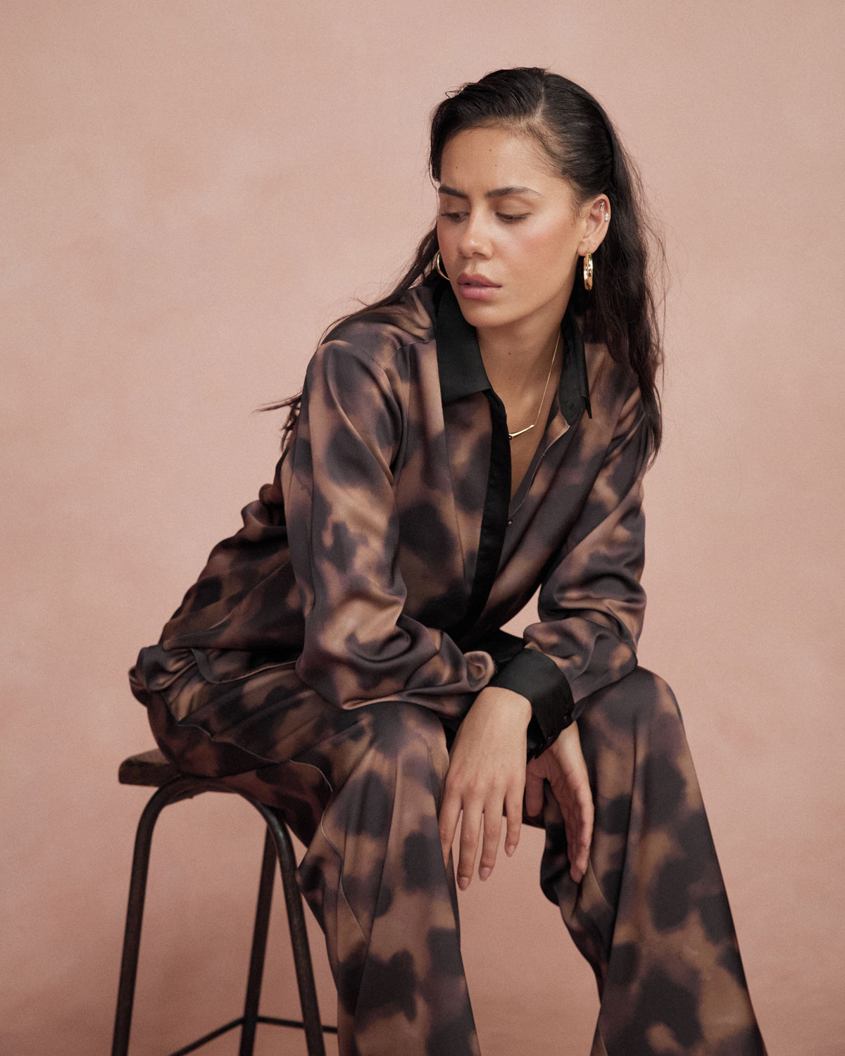 Savanna Printed Satin Shirt in brown abstract — alternate view