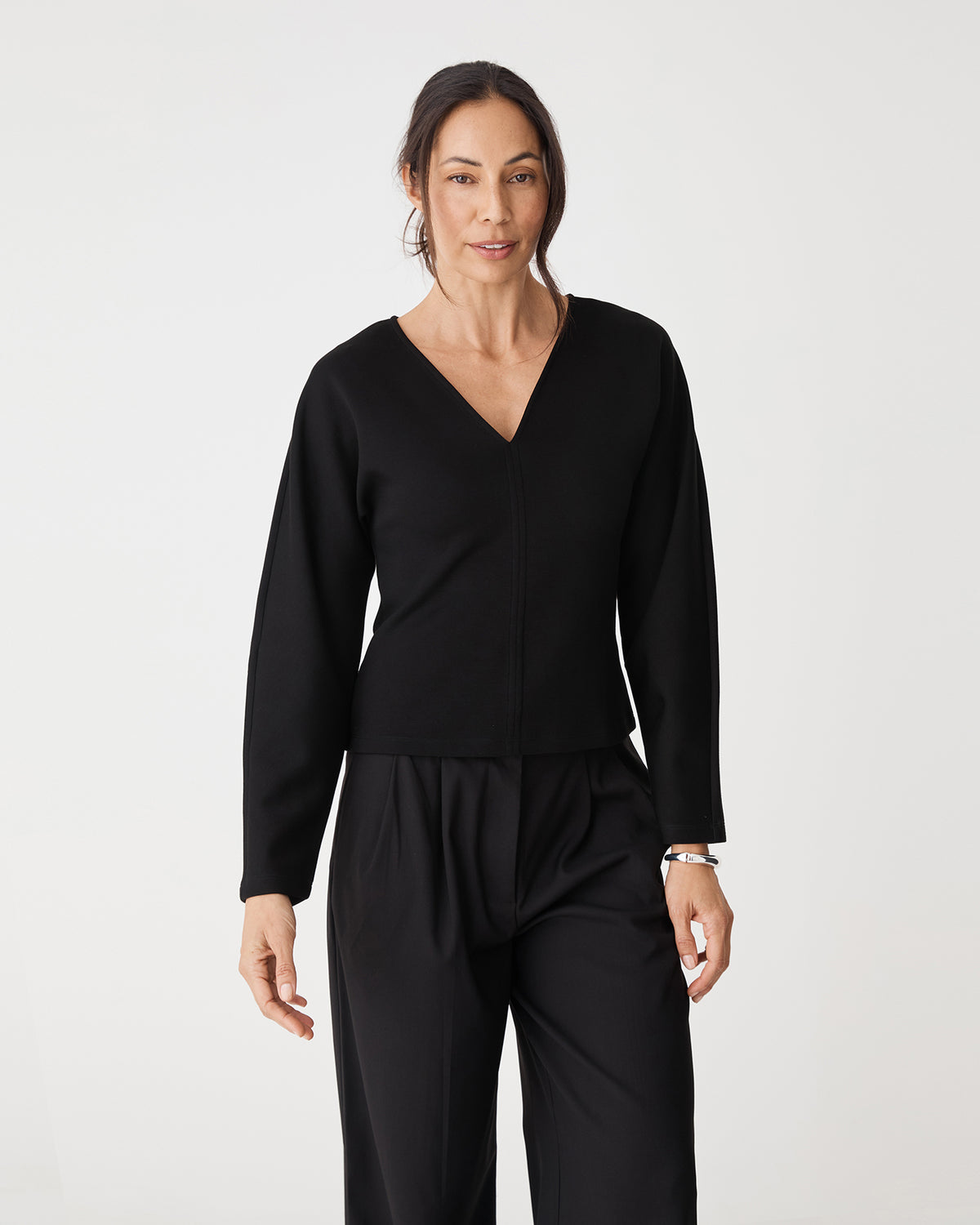 Tate V-Neck Dolman Sleeve Top in black — close-up view