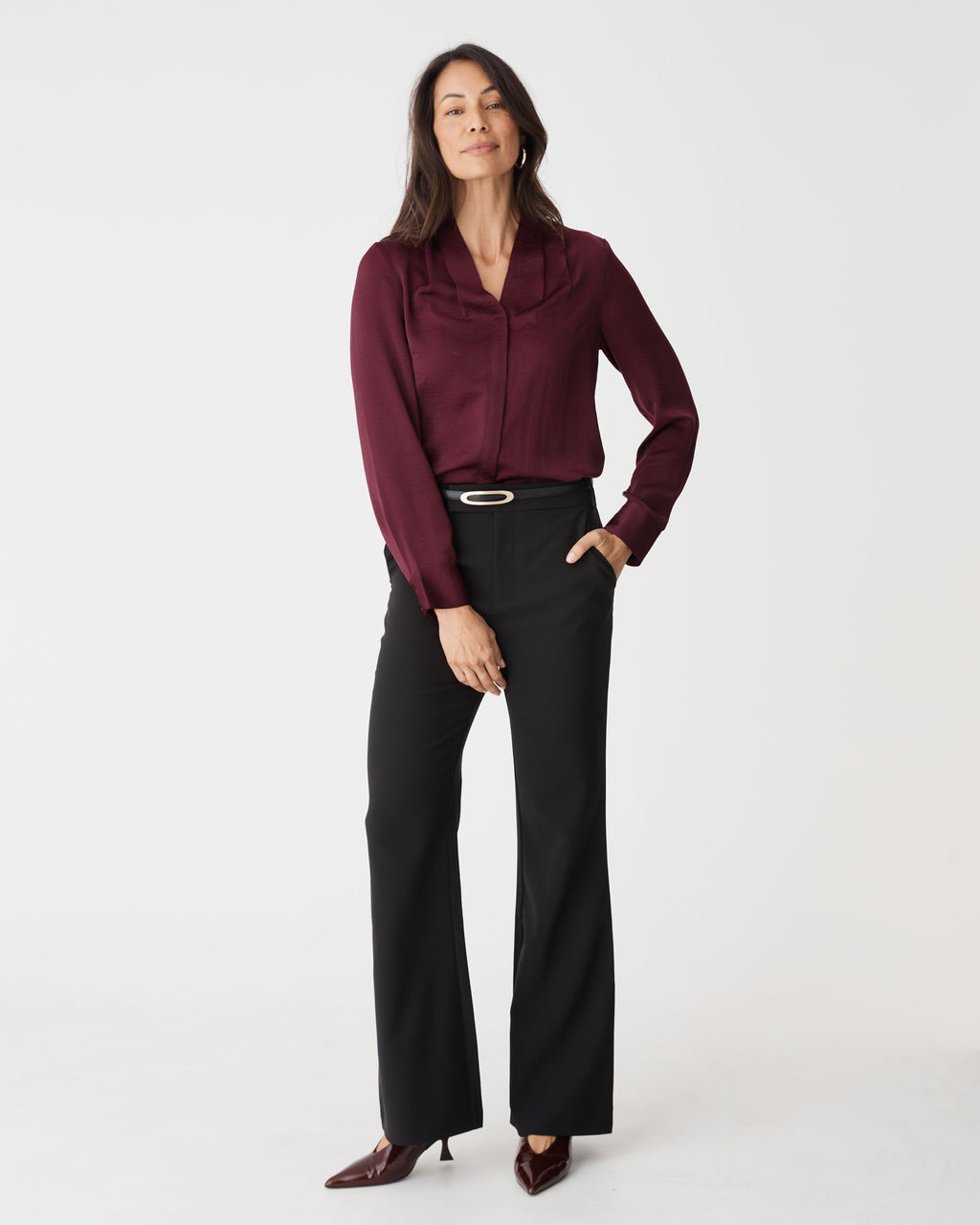 Claire Pleat Neck Satin Blouse in shiraz — full-length view