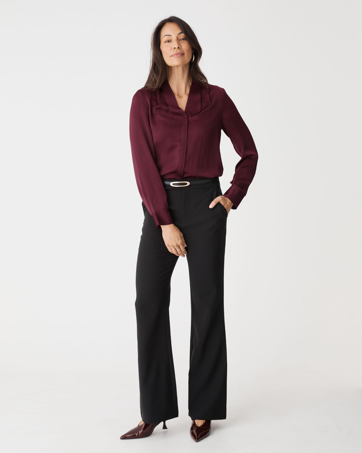 Claire Pleat Neck Satin Blouse in shiraz — full-length view
