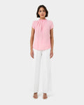 Olivia Pleated High Neck Top in baby pink — full-length view
